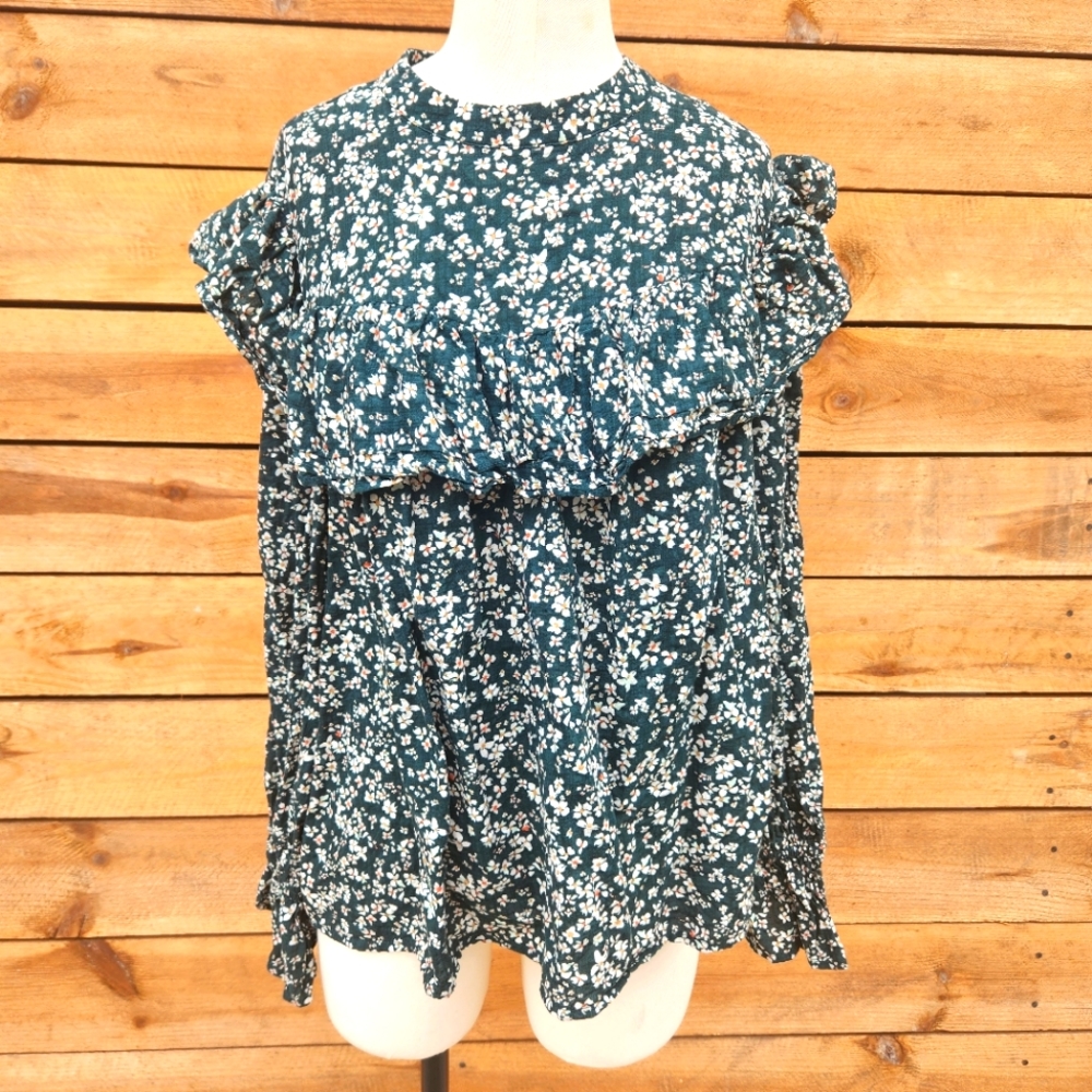 A.N.A. Peasant Top 0X Ruffle High Neck Floral Cotton Pullover Green Cott…